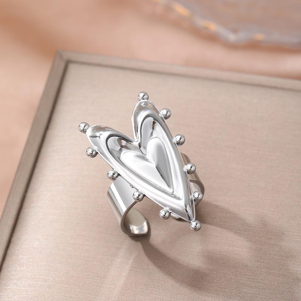 Stainless Steel Heart Shaped Rings for Women Men Punk Irregular Love Heart Small Round Bead Opening Ring Party Jewelry Gift