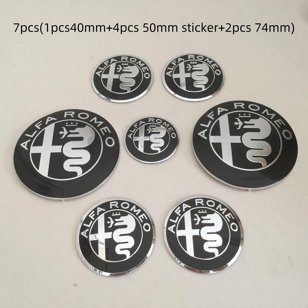 7pcs forAlfa Romeo Car emblem Wheel Cover caps front Hood badge rear Trunk Steering sticker Styling 2x74mm , 4x50mm,1x40mm