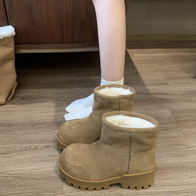 

2025 new matte leather big head ugly cute bread shoes platform muffin short boots fluffy shoes women s snow cotton boots 35 верблюд
