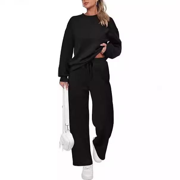 2024 Trendy Knit Women's Two-Piece Set: Long-Sleeve Top & Wide-Leg Pants with Pockets