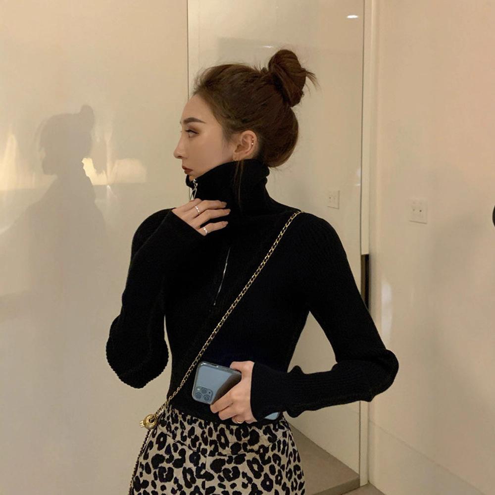 

Turtleneck knitted sweater women s autumn and winter new zipper inner long-sleeved short one size fits all чорний