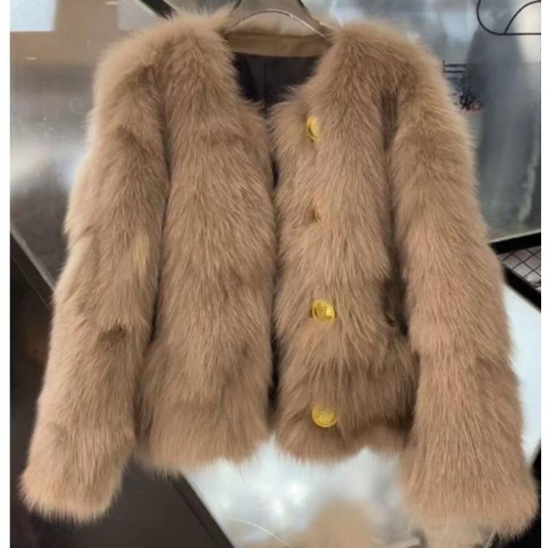 2026 Women Winter Fashion New Faux Fox Fur Coat Metal Button Thickened Warm Tops