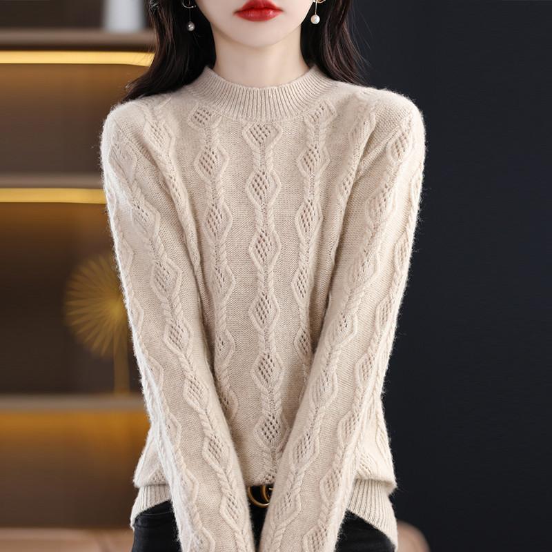 Half Turtleneck Diamond Hollow Cardigan for Women's Spring and Autumn New Loose and Versatile Fashionable Wool Base Shirt Top