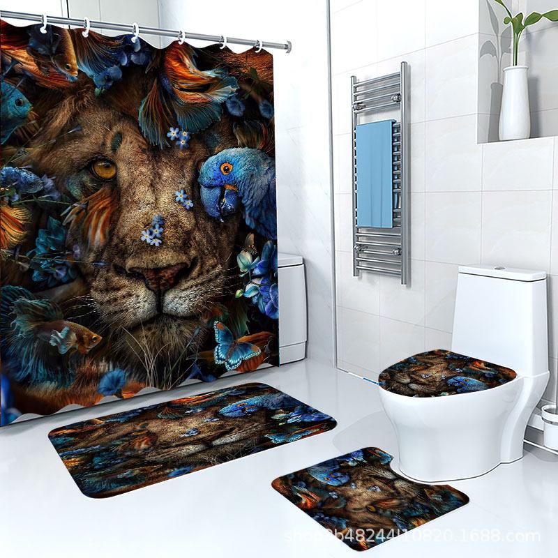 Direct Supply Digital Printing Tiger Lion Flower Animal Bathroom Curtain Non-Slip Floor Mat Bathroom Four-Piece Set