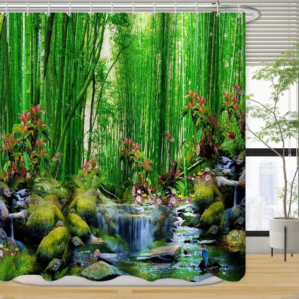 Unframed Bamboo Zen Shower Curtain Green Nature Forest Stone Spa Candle Summer Tropical Bamboo Forest Orchid Bathroom Decor With