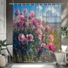 Impressionist Poppy Field Shower Curtain Pink Flowers Oil Painting Print Polyester Bath Curtain With Hooks For Floral Decor