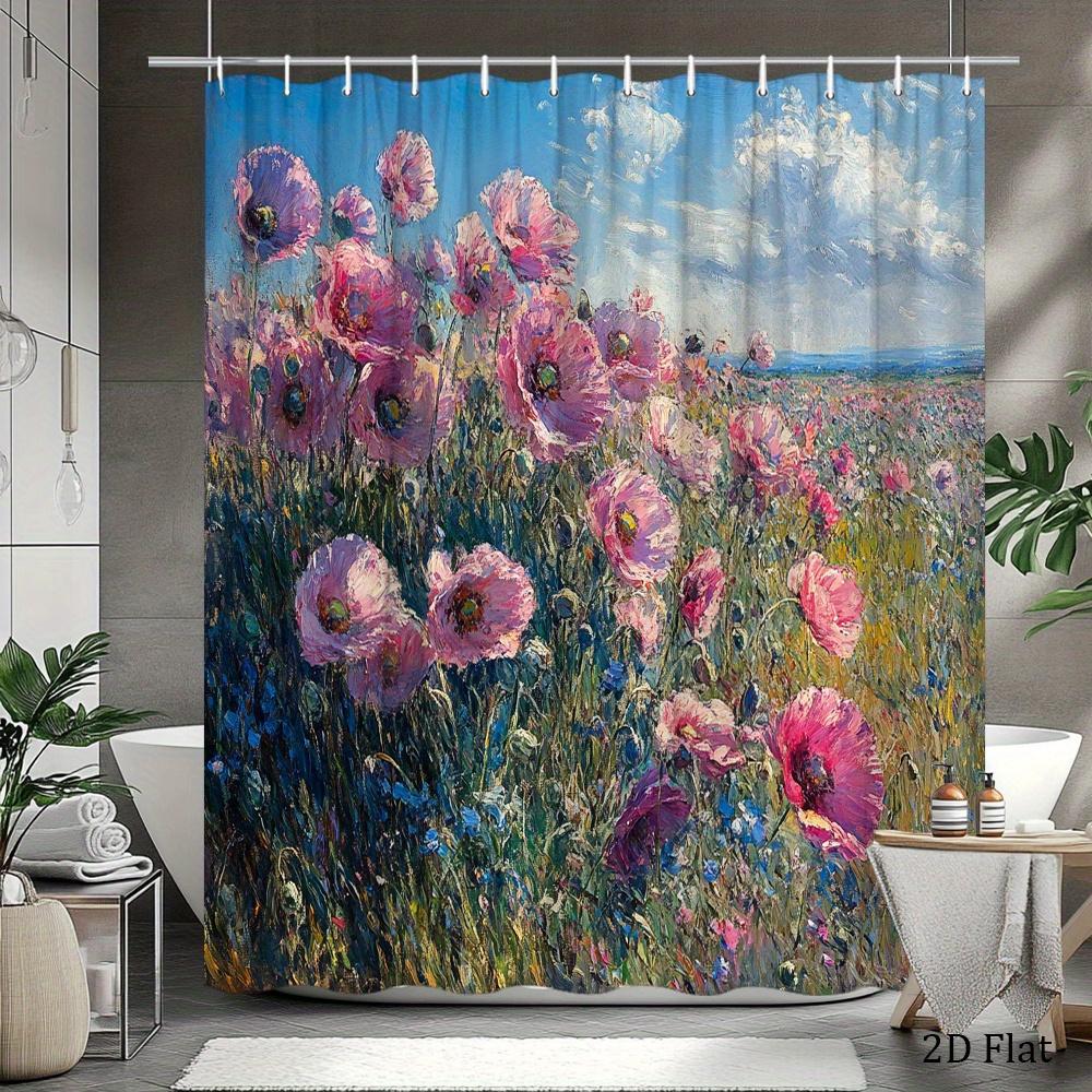Impressionist Poppy Field Shower Curtain Pink Flowers Oil Painting Print Polyester Bath Curtain With Hooks For Floral Decor