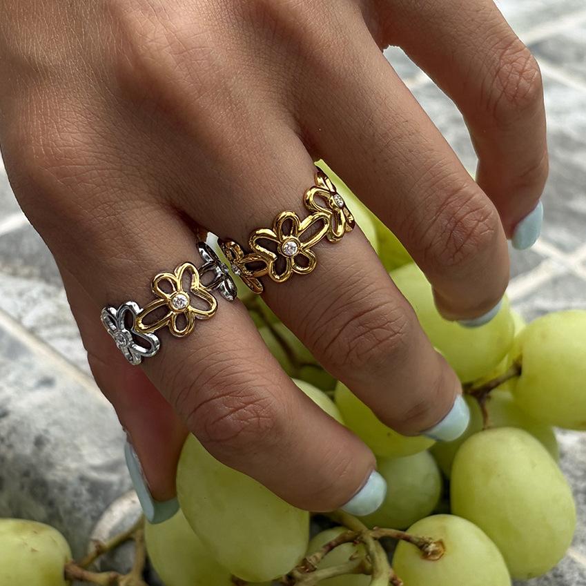 Hollow Floral Open Cuff Ring Stainless Steel 18K Gold Plated Dainty CZ Statement Ring for Women Gift