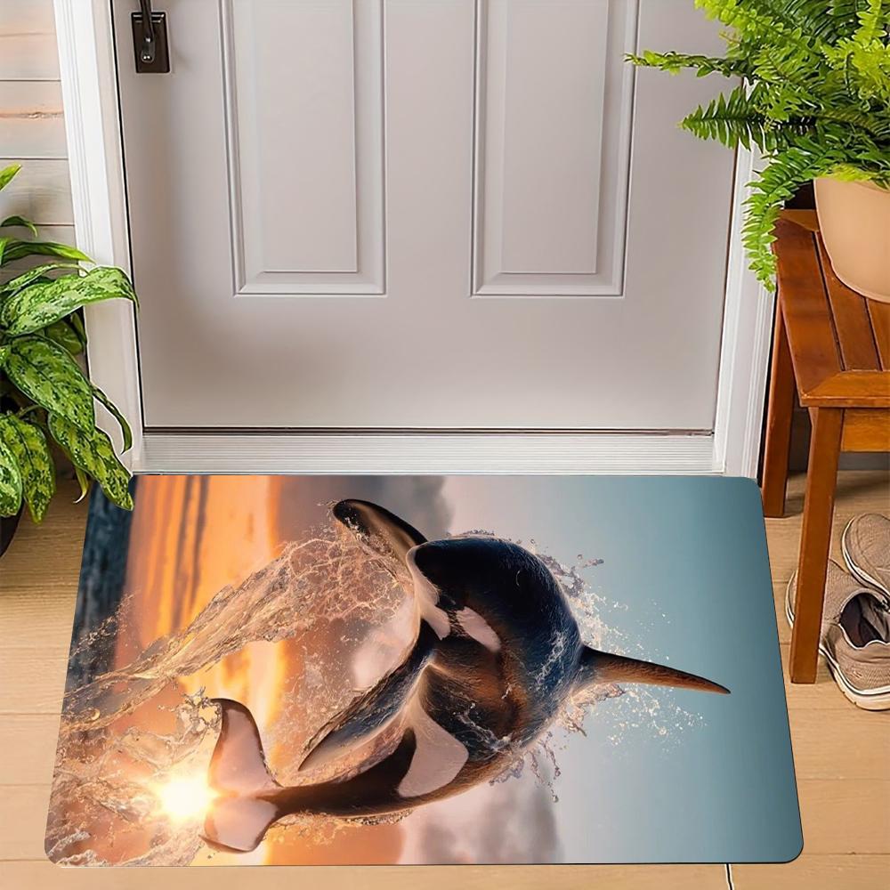 Realistisches Orca-Muster Fußmatte Niedliche Schwertwal-Designs mit Ozean-Sonnenuntergang Spritzende Wasserszenen Rutschfeste Fußmatte 30x50cm