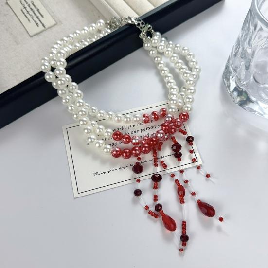 Yousheng Gothic Necklace Blood Drop Charms Necklace Faux Pearl 3 Layer Chocker Necklace with Beaded Tassel for Halloween Horror Themed Parties
