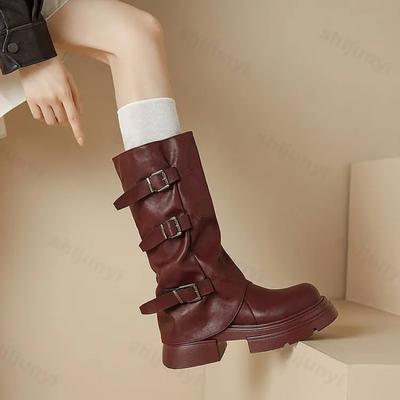 2025 New Winter Punk Chunky Heels Designer Buckle Riding Boots Cool Fashion Street Knee High Motorcycles Boot Shoes for Women