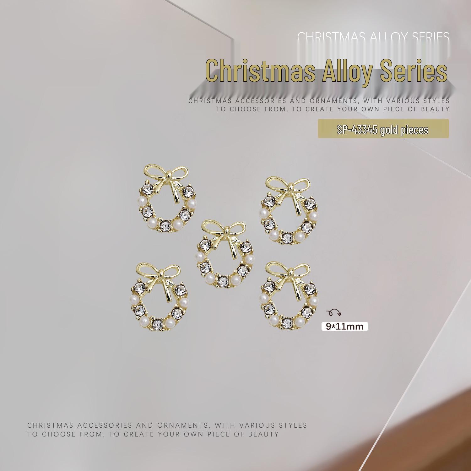 Christmas Nail Art Set: Metal Diamonds, Pearls, Trees & Wreaths - 5-Piece Alloy Decorations