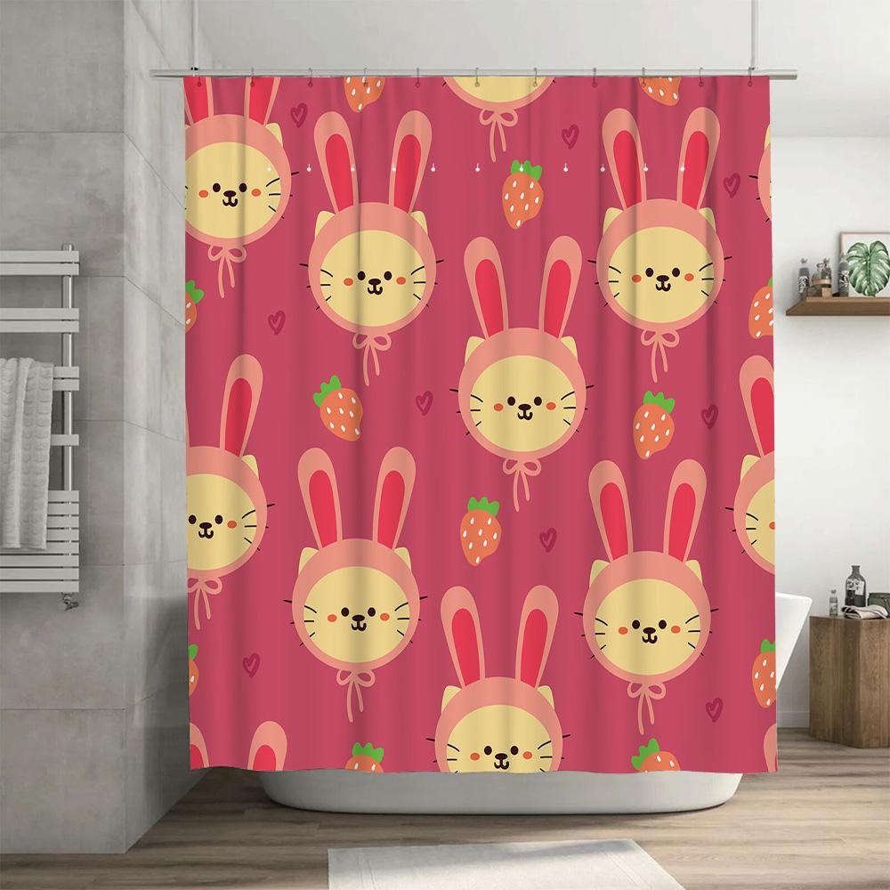 Cute Cartoon Bunny Rabbit Design Shower Curtain For Bathroom Decor Home Supplies Accessories Pink Color With Strawberry Heart Pa