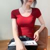 U-neck cotton short-sleeved T-shirt women's summer new solid color slim-fitting and thin shoulder low-neck top