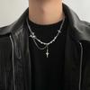 Collana con Perle Imitazione Stella Zircone Croce Stella Kpop Uomo Collane con Ciondolo Stella a Stella Y2K Hiphop Collana Choker con Stella e Frange Unisex