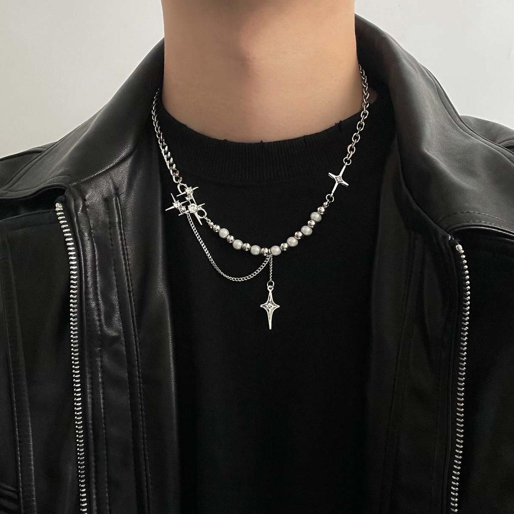 Collana con Perle Imitazione Stella Zircone Croce Stella Kpop Uomo Collane con Ciondolo Stella a Stella Y2K Hiphop Collana Choker con Stella e Frange Unisex