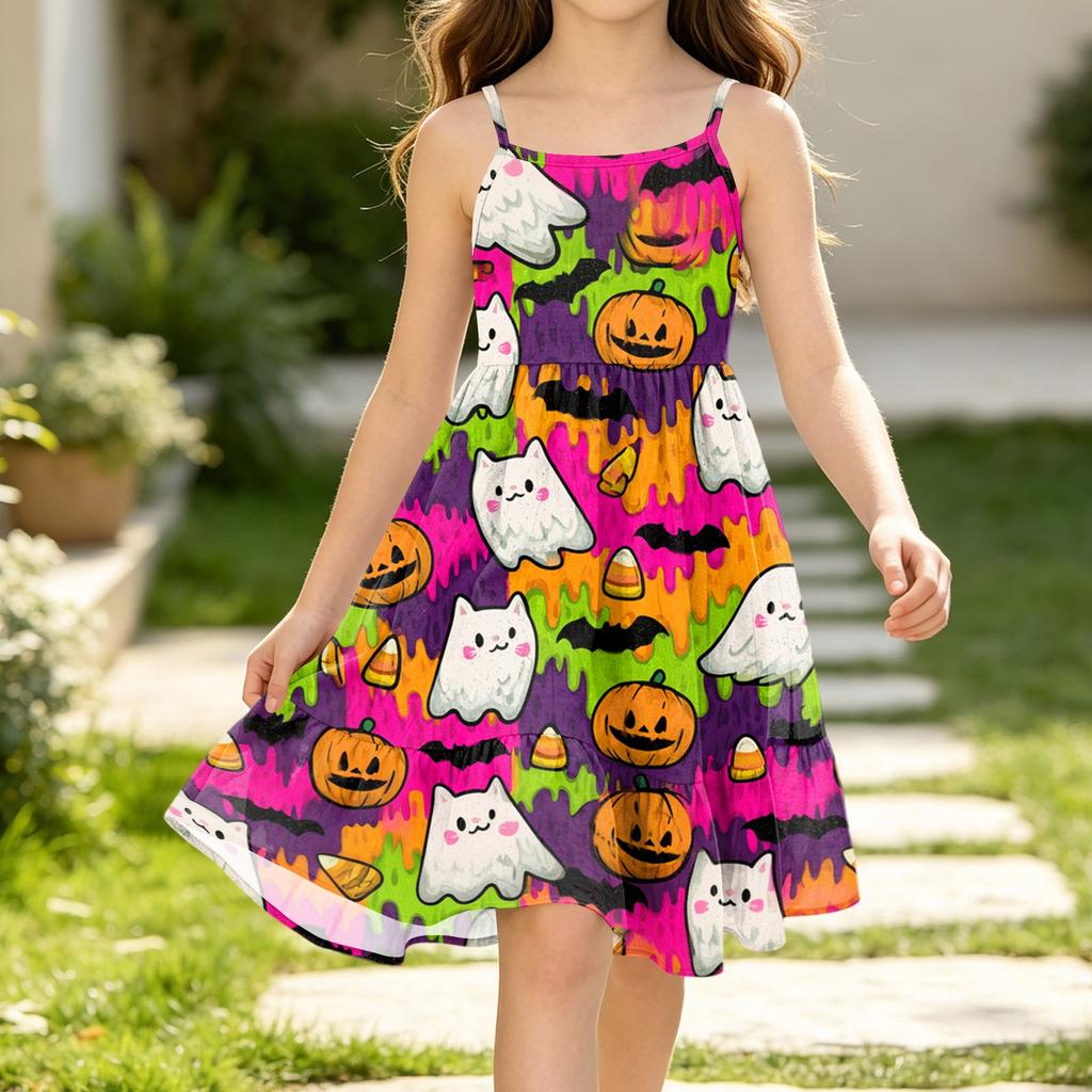 Girls Casual Sleeveless Spaghetti Strap Cute Princess Halloween Print Dress