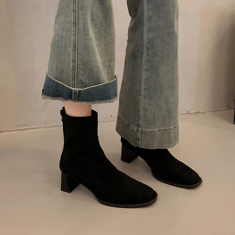 High-heeled Short Boots Women's 2025 New Spring and Autumn Single Boots Thick Heel French Small Ankle Boots Rear Zipper Square Head Elastic Thin Boots