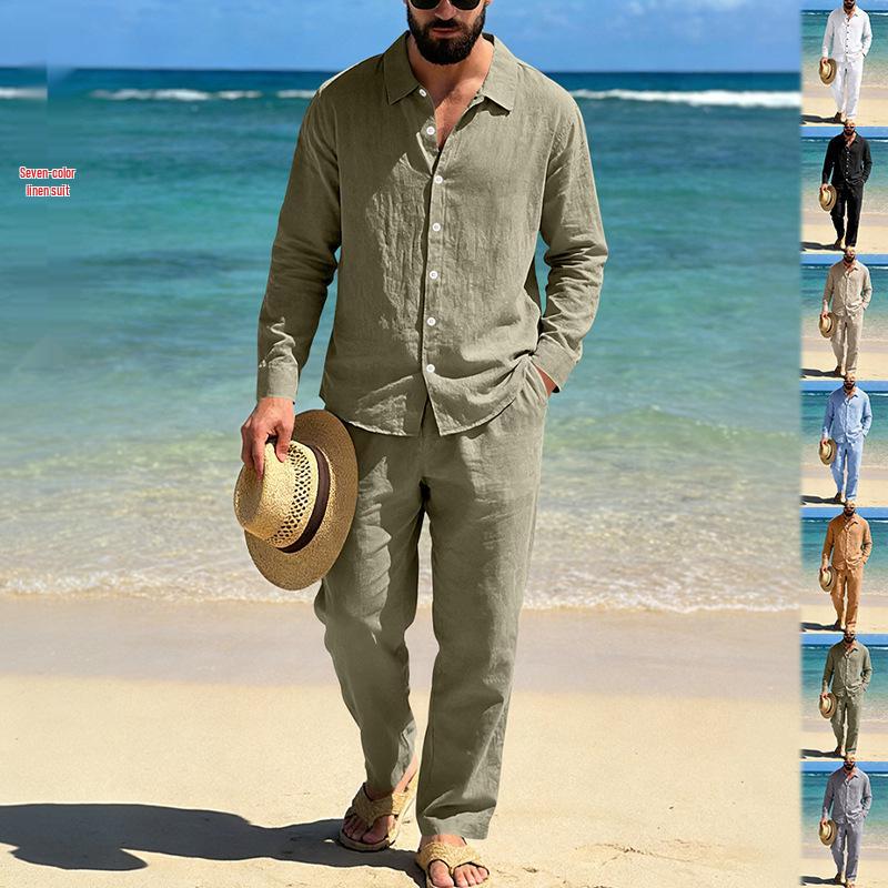 Men's Linen Long-Sleeve Lapel Shirt & Straight-Leg Pants Set for Casual Spring/Autumn Beachwear