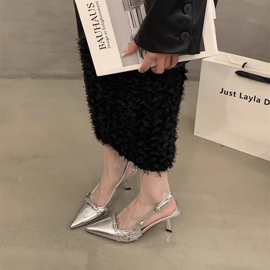 French Bag Head High-heeled Sandals Shallow Mouth Spring 2024 New Models Empty Thin Heel Temperament Celebrity Pointed Single Shoes Women's Shoes