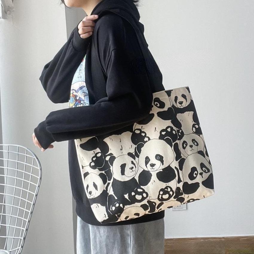 Canvas Bag Women's Shoulder Chinese Style High Capacity Zipper Canvas Bag Portable Shopping Bag Double Cute Panda Sided Printing