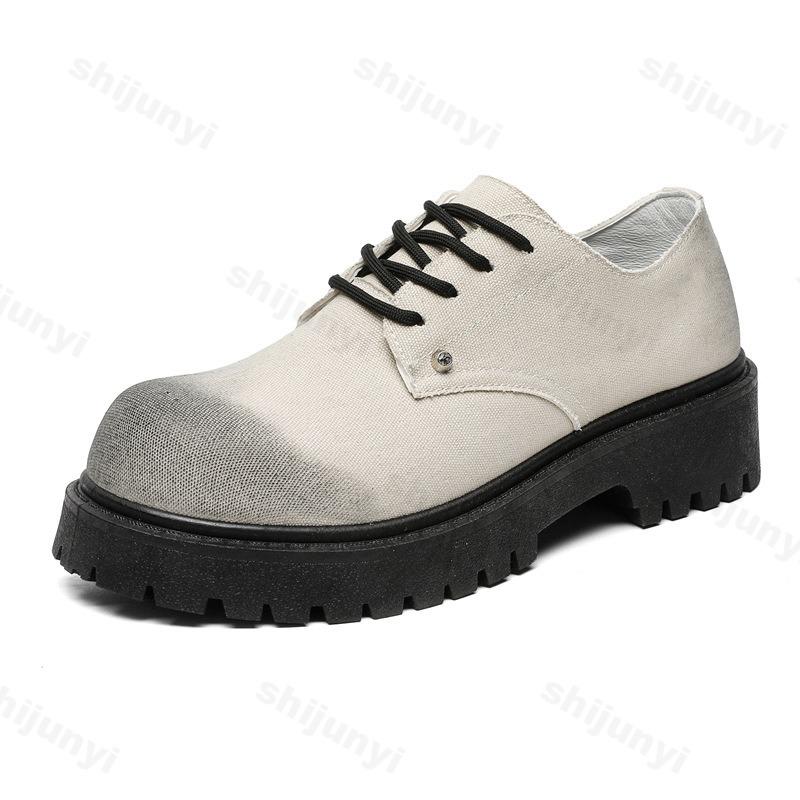 Men Canvas Leather Shoes 2025 Autumn Casual Loafers Lace Up Platform Comfortable Non Slip Fashion Derby Shoes Wedding Party