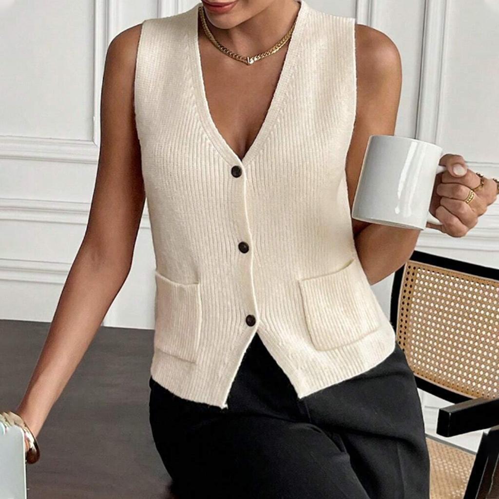 Summer Women's Knitted Vest V-neck Single-breasted Pocket Sleeveless Top Loose Women's Vest