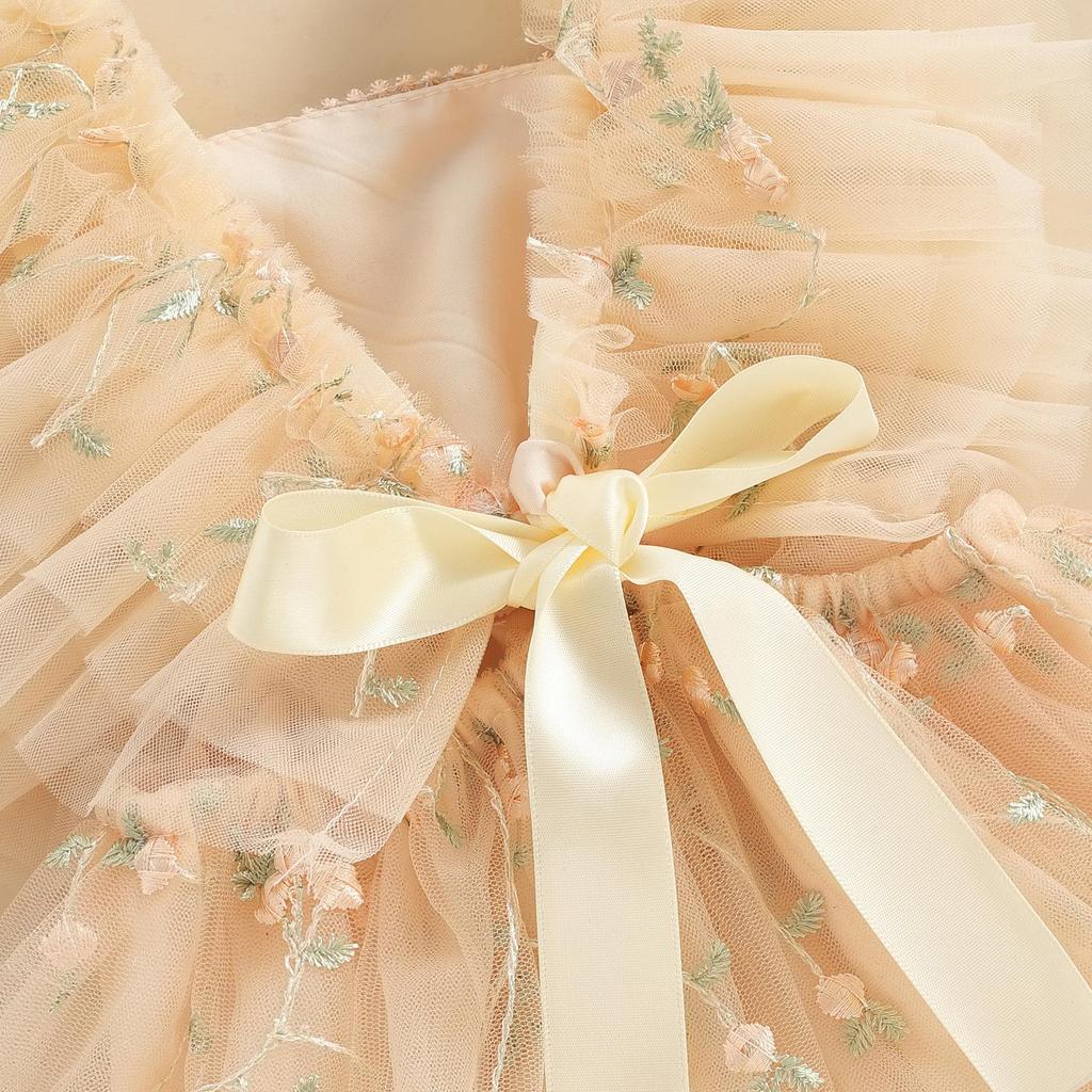 Infant Baby Girls Romper Dress Fly Sleeve Square-Neck Floral Embroidery Tulle Jumpsuit with Bow Headband