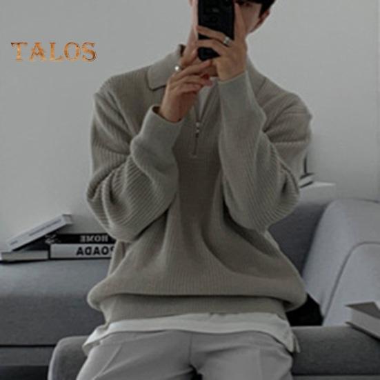 Fall Winter Men Sweater Turn-down Collar Half Zipper Long Sleeves Solid Color Loose Knitted Top Daily Wear School Work Knitwear