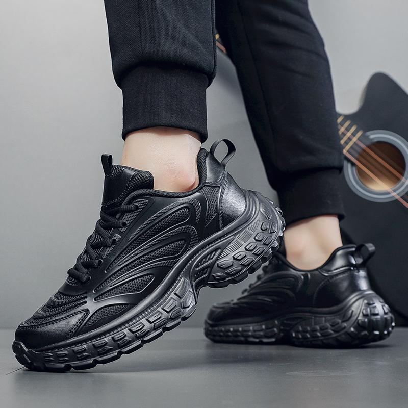 Men Pure Black Chunky Sneakers Casual Sports Shoes Thick Soles Platform Fashion Trend Shoes