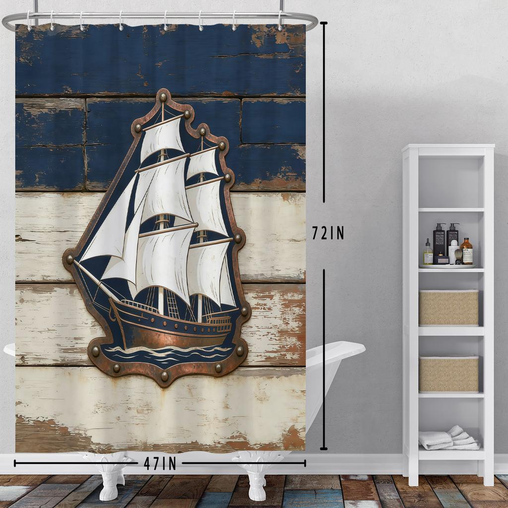 Nautical Theme Shower Curtain With Hooks Sailboat Anchor Seashells Starfish Waves Watercolour Art Modern Bathroom Curtain Decor