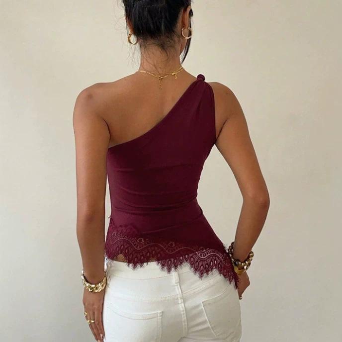 European and American Summer New Metal Buckle Slanted Shoulder Lace Splicing Irregular Hem Vest