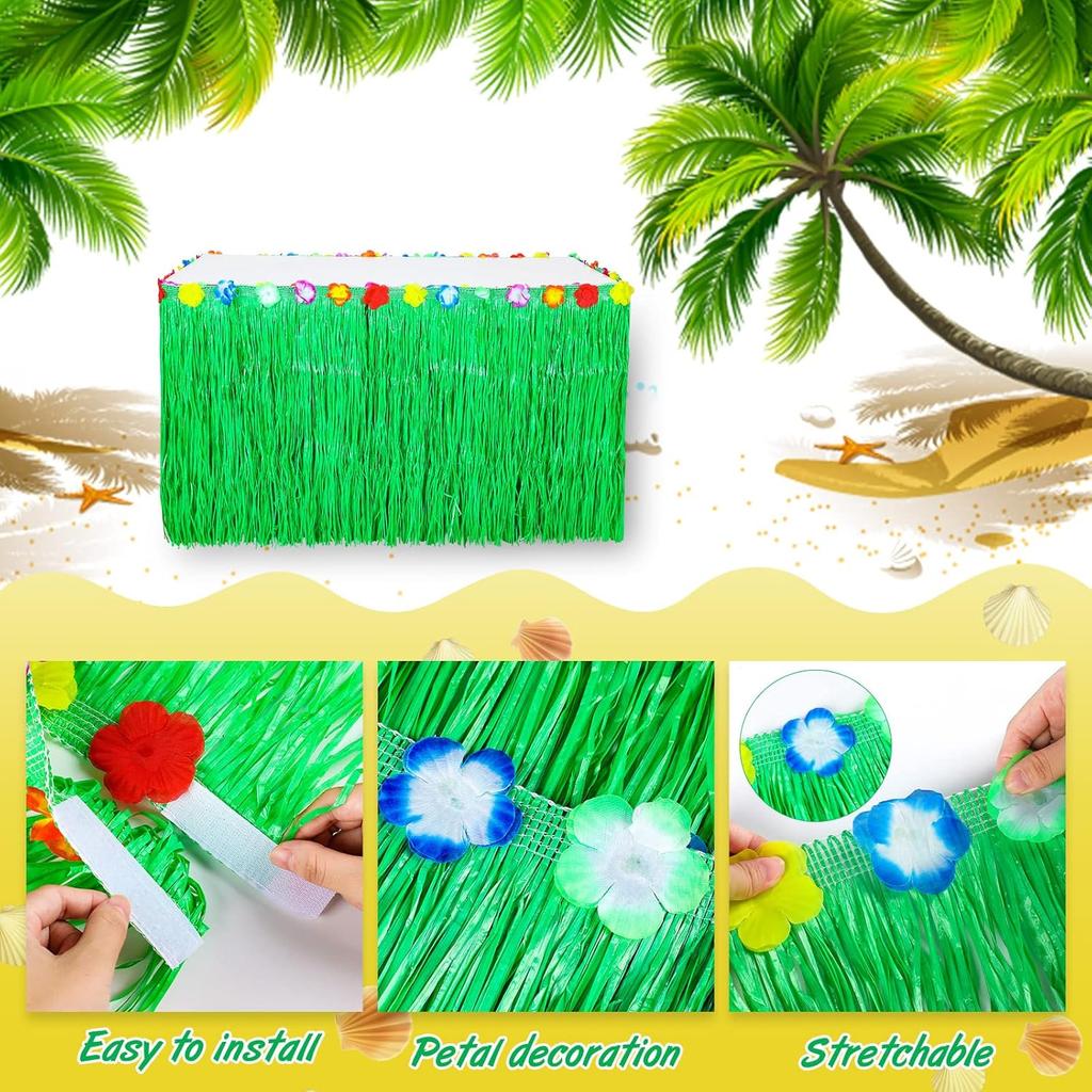 6 Pieces Luau Green Grass Table Skirt 9 ft x 29 Inch Hawaiian Luau Table Skirt Raffia Fringe Skirt Hawaiian Tropical Party Supplies for Tropical