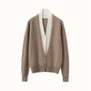 Autumn-Winter Women's V-neck Color Block Cashmere Cardigan - Elegant Two-Piece Knit Sweater