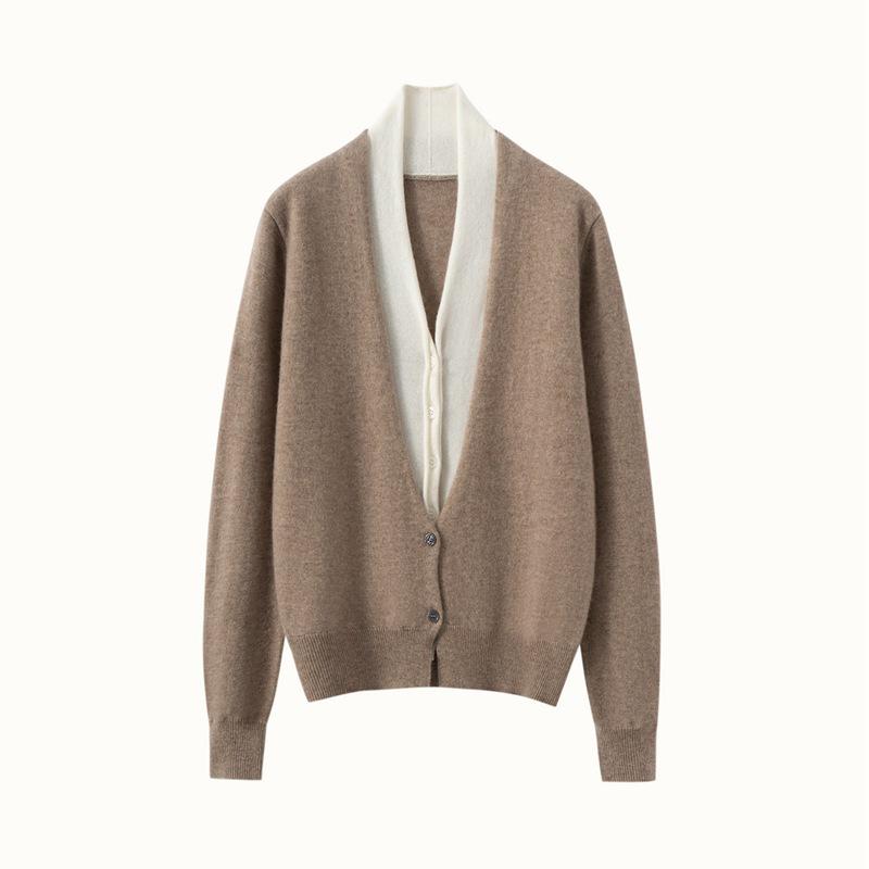 Autumn-Winter Women's V-neck Color Block Cashmere Cardigan - Elegant Two-Piece Knit Sweater