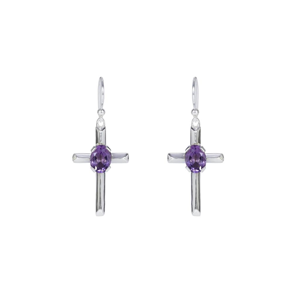 Sterling Silver Cross Earrings: Minimalist Red Garnet Religious Jewelry