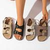 Damen Sandalen mit Doppel-Schnallenriemen und Kork-Fußbett, Offene Zehenpartie, Knöchelriemen, Flach, Bequem, Für Sommer, Strand, Freizeit