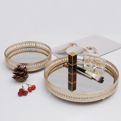 ABWR-2X Golden Iron Jewelry Storage Tray Glass Mirror Makeup Manager Desktop Cosmetic Dessert Display Tray 25Cm & 17.5Cm