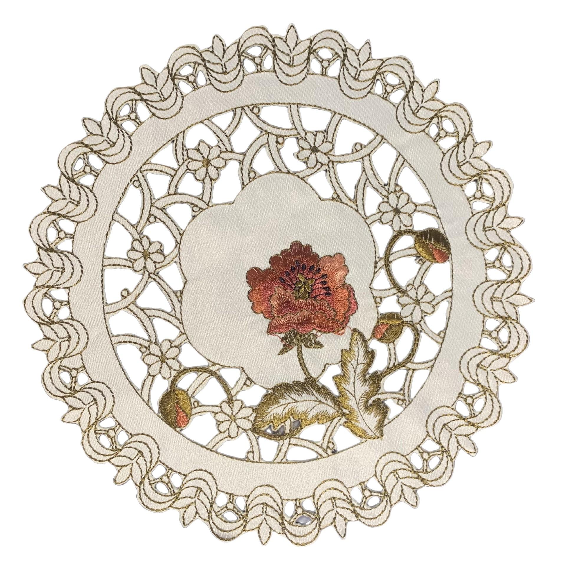 

New round placemat, fabric embroidery hollow household heat insulation coaster embroidered western food mat 15cm бордовый