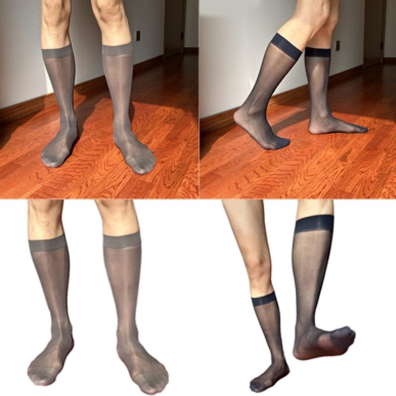 Men's Middle Calf Business Socks with Twill Pattern See Through Thin Nylon Dress Socks Stockings for Formal Occasion