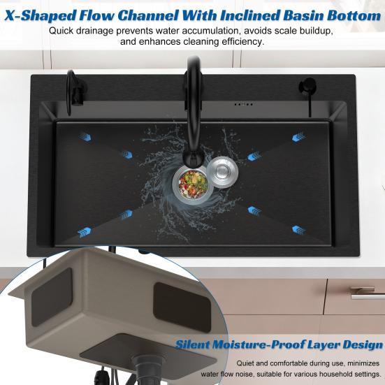 Black Kitchen Sink, Embedded/Top Mounted Stainless Steel Workbench Sink with Cutting Board & Drainage Basket, Single Bowl Sink with Accessories (31.5