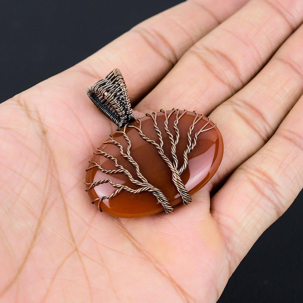Double Tree of Life Red Carnelian Gemstone Handmade Pure Copper Wire Wrapped Beautiful Jewelry Pendant