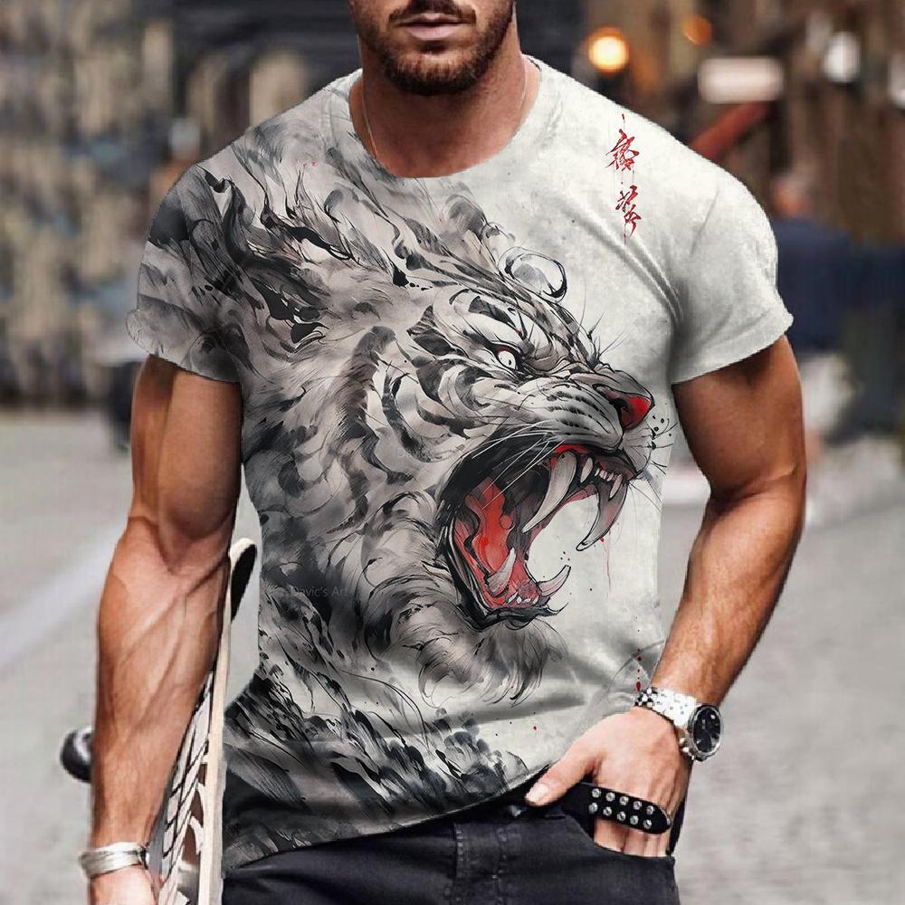 

2024 мужская футболка с 3D принтом тигра, летняя футболка большого размера, мужские топы с короткими рукавами, мужская одежда, уличная одежда 6XL