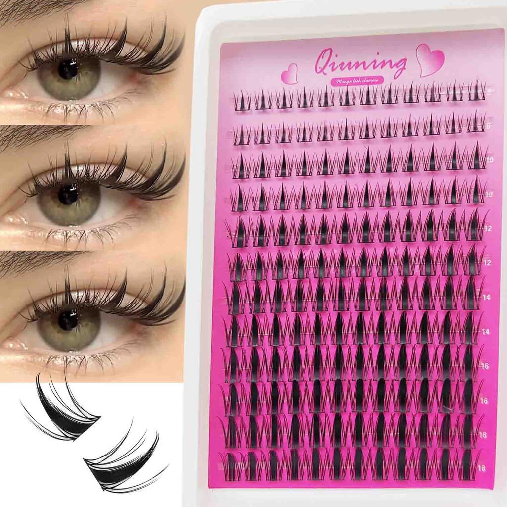 QIUNING Manga Lash Clusters Kit Cat Lashes with Lash Bond & Seal Cluster Eyelash Extensions Mixed Tray Eyelash Clusters Kit