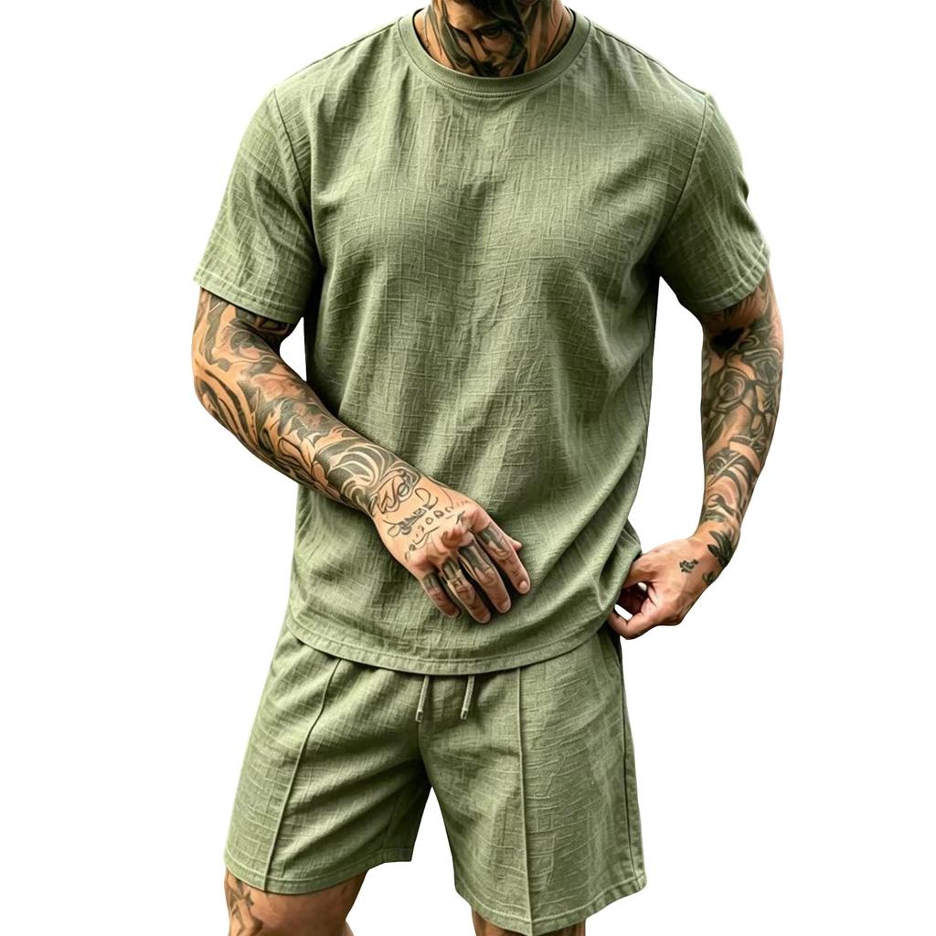 Herren Leinen Kurzarm Rundhals Oberteil und Shorts Set Leicht Atmungsaktiv Lässiges Sommer Outfit Geeignet für Draußen und Drinnen