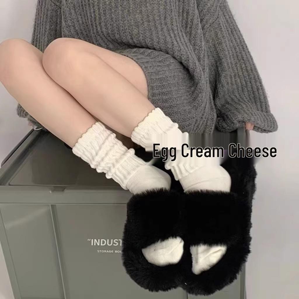 Women's Thick Scrunch Socks: Spring-Summer Mid-Calf, White & Gray Knee-High Wool Knitted Leg Warmers