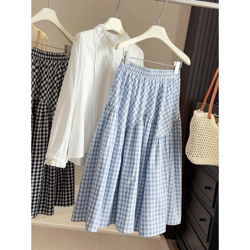 

Design sense irregular splicing plaid skirt women s spring and summer new pear-shaped figure covering hip big pendulum a-shaped skirt One size fits all светло-синий