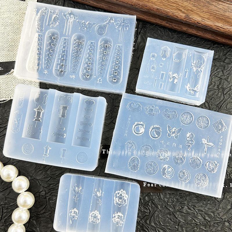 3D Silicone Nail Art Mold Template Lotus Lantern Goldfish Plate Buckle Carving Stencil Tool Diy Design Manicure Charm Decor