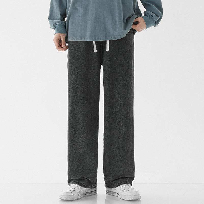 Pánské všestranné jednobarevné volné džíny s rovnými nohavicemi ve stylu high street s elastickým pasem, ležérní široké nohavice