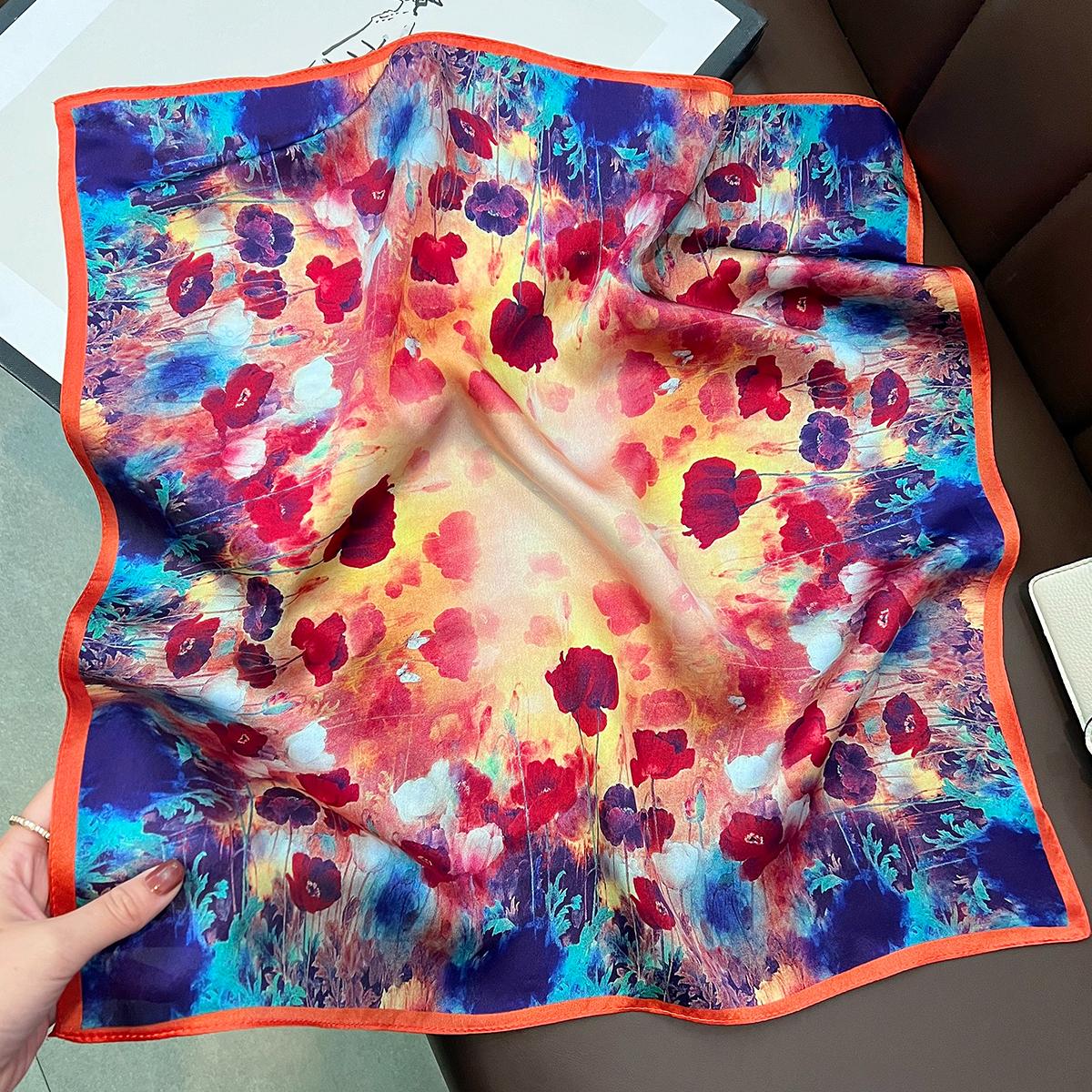 Colorful Oil Painting Square Silk Scarf For Women Elegant Mom Style 53cm